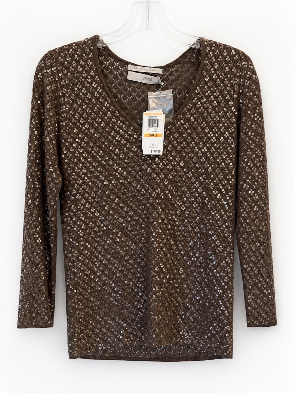 NWT I.  Magnin 100% Cashmere Sequin V-Neck Top - Cappuccino Color